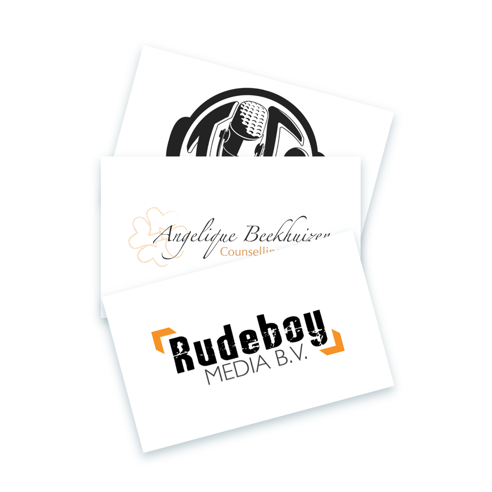 Overzicht van drie logo's die NoomsGalaxy heeft ontworpen voor Rudeboy Media B.V., Angelique Beekhuizen Counselling en advies, ProducTies van Kesteren